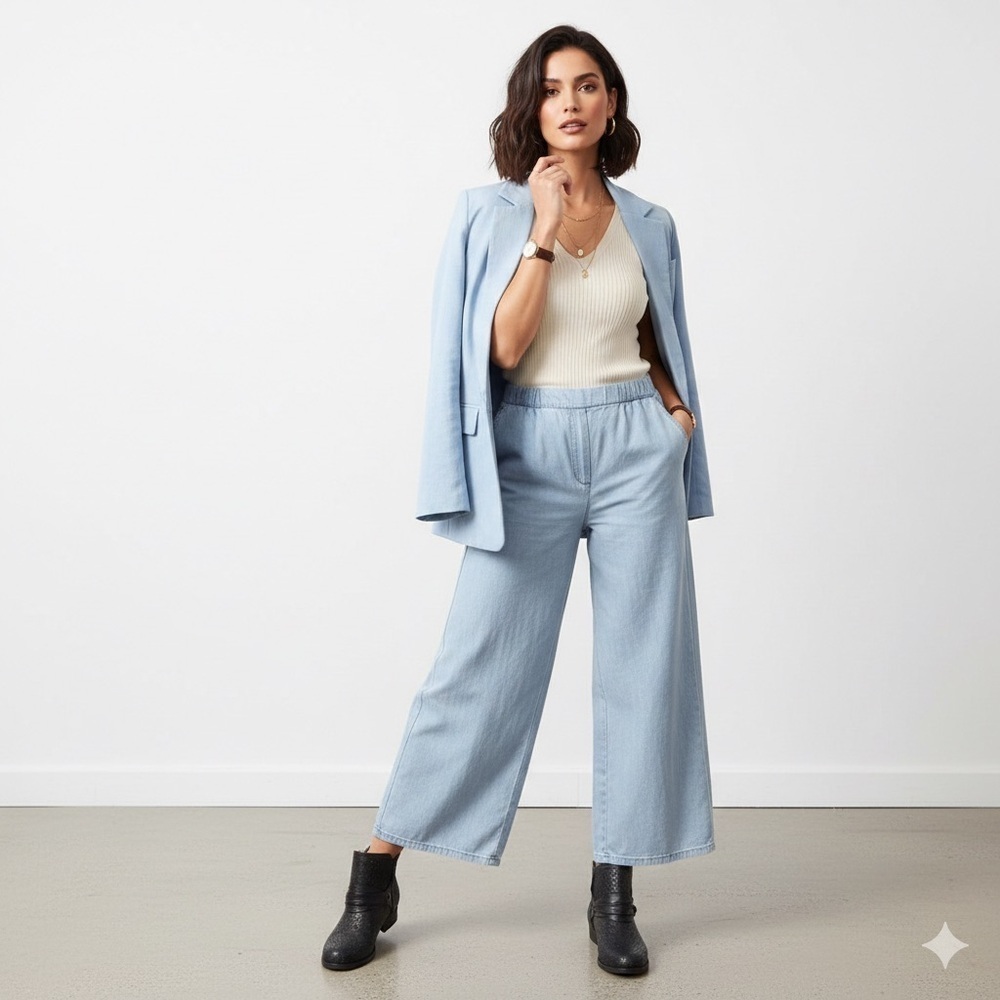 Michael Michael Kors Petite Chambray Elastic-Back Wide-Leg Pants PXL Sky Blue